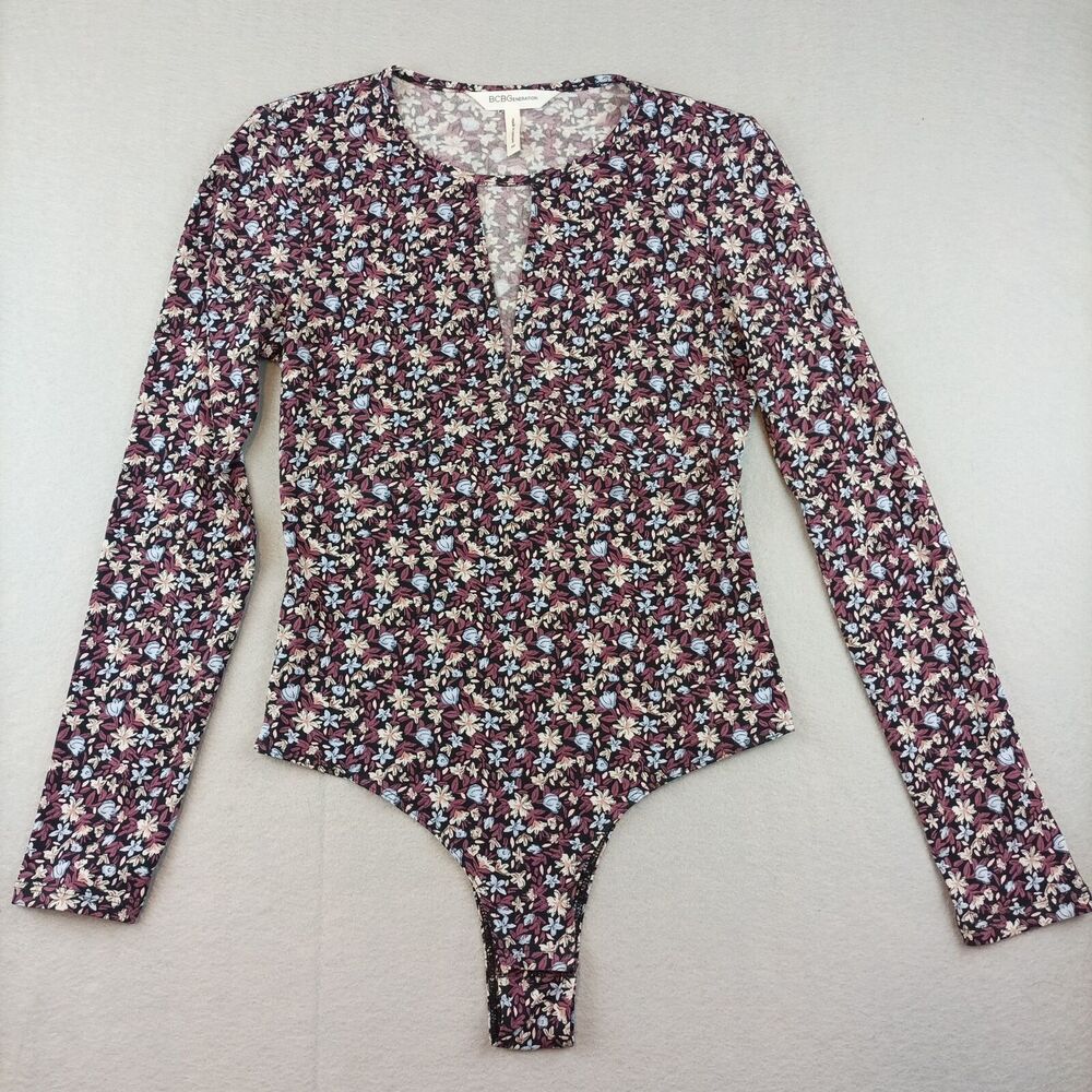 BCBGeneration Womens Bodysuit Size XS Floral Print Long Sleeve Purple